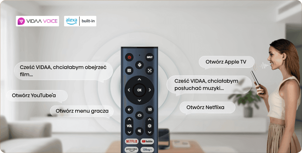 Pilot, kobieta i dymki z komendami głosowymi użytkownika do systemów VIDAA VOICE oraz Alexa.