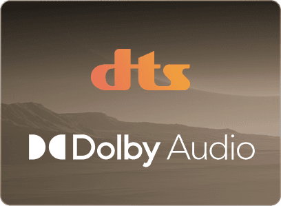 Logo DTS (Digital Theater Systems) w kolorze pomarańczowym oraz białe logo i napis Dolby Audio.