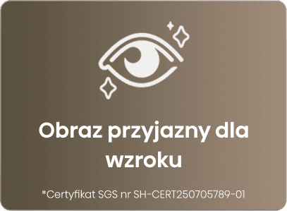 Ikona oka z gwiazdkami i napis Obraz przyjazny dla wzroku z przypisem SGS (Société Générale de Surveillance)