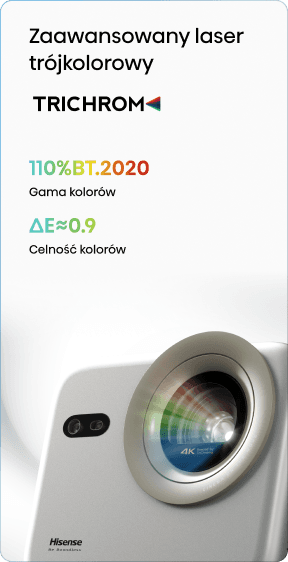 Projektor Hisense z technologią lasera TRICHROM, parametrami kolorów oraz zbliżeniem na obiektyw.