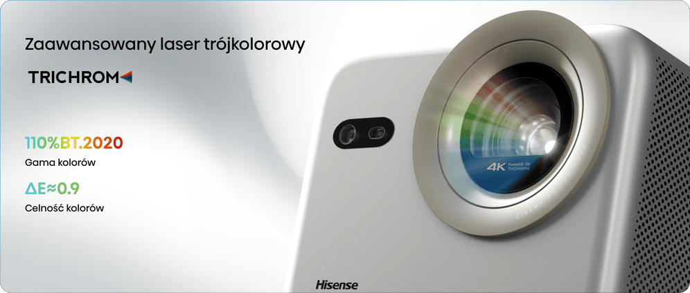 Projektor Hisense z technologią lasera TRICHROM, parametrami kolorów oraz zbliżeniem na obiektyw.