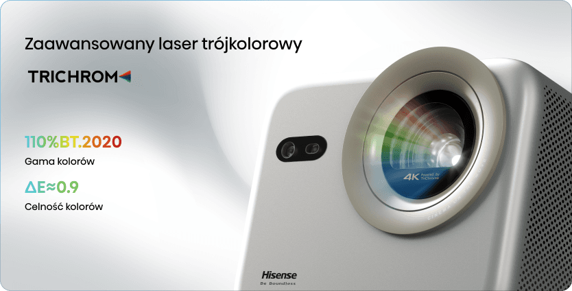 Projektor Hisense z technologią lasera TRICHROM, parametrami kolorów oraz zbliżeniem na obiektyw.