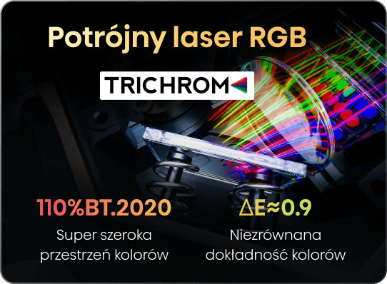 Wnętrze projektora z soczewką i wiązkami lasera RGB, logo TRICHROM oraz parametry kolorów u dołu.