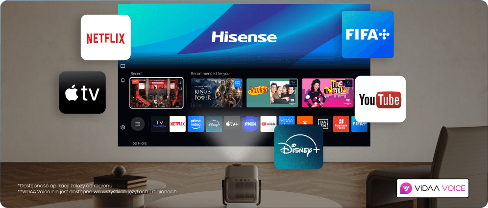 Projektor wyświetla menu z logo Hisense, wokół kafelki aplikacji streamingowych, a w rogu napis VIDAA VOICE