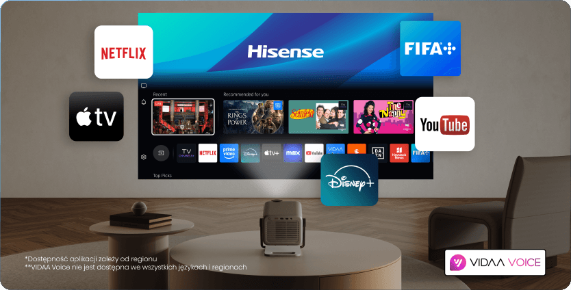 Projektor wyświetla menu z logo Hisense, wokół kafelki aplikacji streamingowych, a w rogu napis VIDAA VOICE