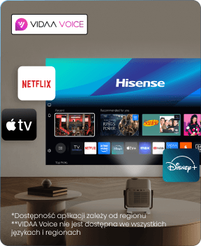 Projektor wyświetla menu z logo Hisense, wokół kafelki aplikacji streamingowych, a w rogu napis VIDAA VOICE