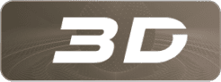 Białe logo 3D (trójwymiarowy) wewnątrz podłużnego, zaokrąglonego prostokąta ze wzorem z cienkich linii
