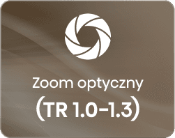 Ikona przysłony, napis Zoom optyczny oraz parametr TR 1.0-1.3 na brązowo-beżowym tle.
