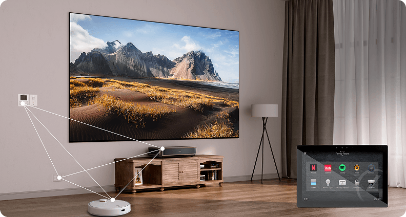 Projektor, robot sprzątający i panel ścienny połączone liniami. W rogu ekran sterowania smart home z ikoną Netflix.
