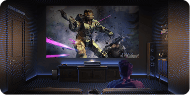 Widok zza pleców gracza na ekran z postacią z gry Halo Infinite. Pokój wypełniony wzorem niebieskich punktów świetlnych.