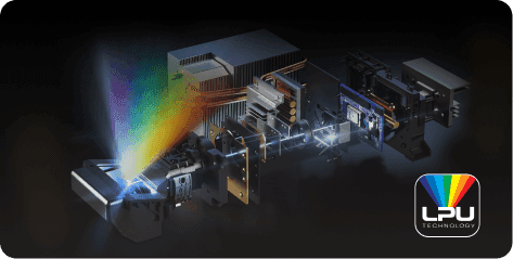 Schemat silnika LPU (Laser Processing Unit) z wiązką światła i logotypem LPU (Laser Processing Unit) Technology.