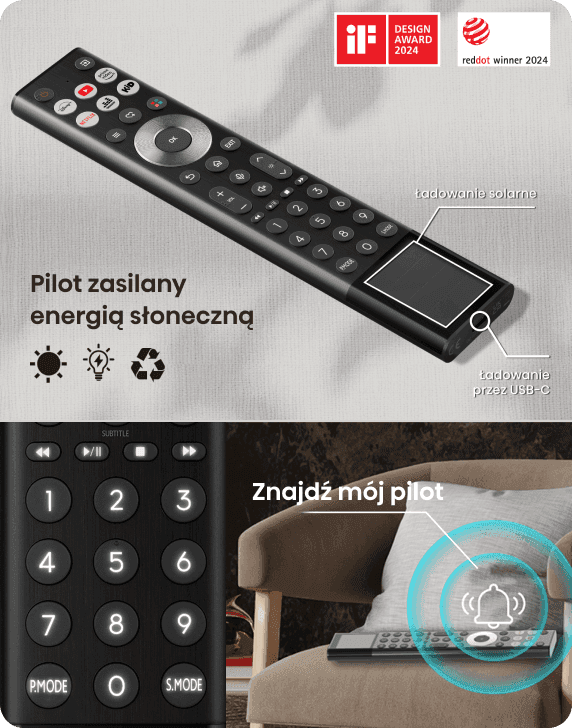 Pilot Hisense z panelem solarnym i portem USB-C (Universal Serial Bus Type-C). Obok pilot na fotelu z ikoną dzwonka.