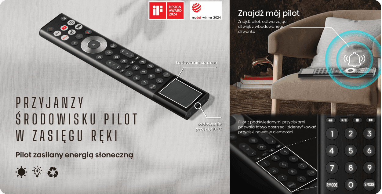 Pilot Hisense z panelem solarnym i portem USB-C (Universal Serial Bus Type-C). Obok pilot na fotelu z ikoną dzwonka.