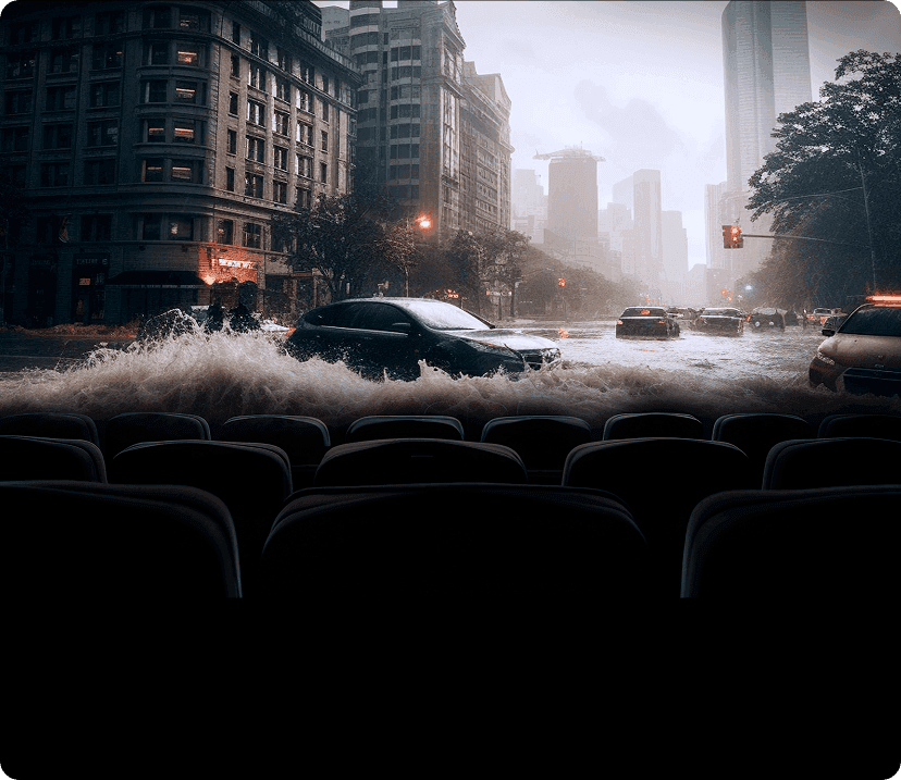Widok zza foteli kinowych na duży ekran z kadrem z filmu akcji.