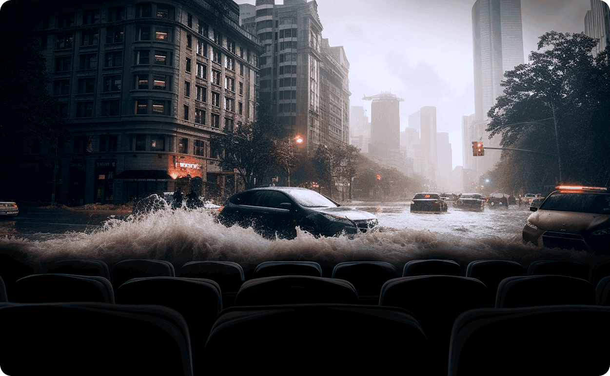 Widok zza foteli kinowych na duży ekran z kadrem z filmu akcji.