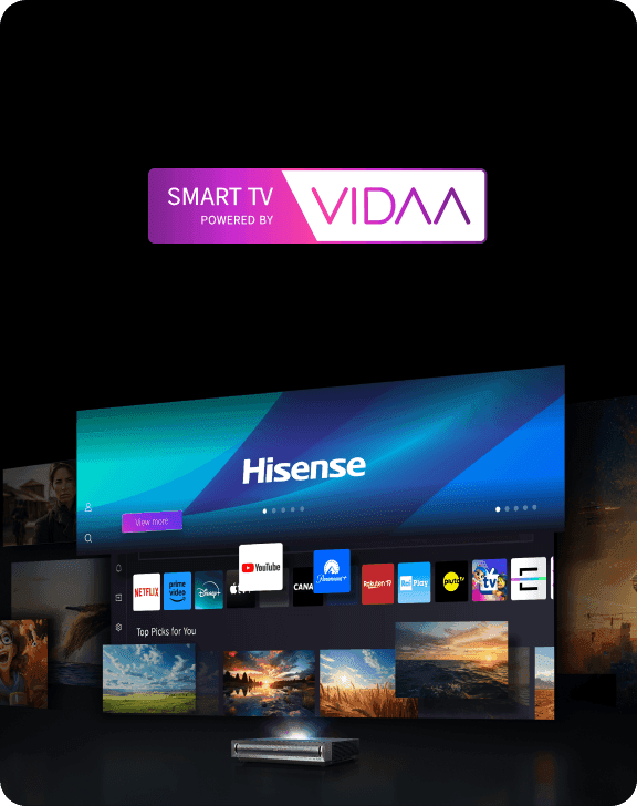 Interfejs Smart TV projektora Hisense z logotypami aplikacji Netflix, Prime Video, Disney+ oraz YouTube