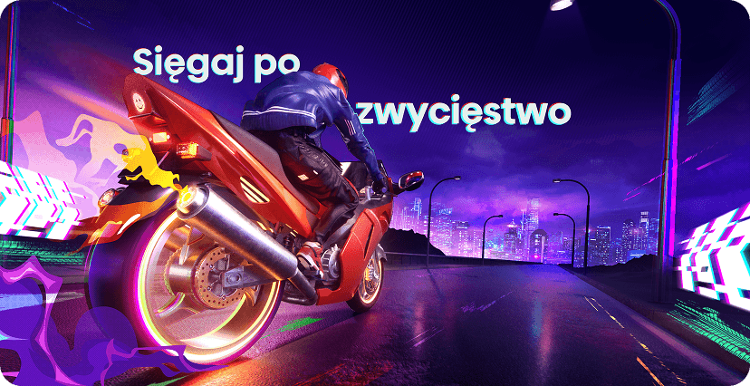 Motocyklista jedzie nocą przez miasto; w tle widać napis: Sięgaj po zwycięstwo