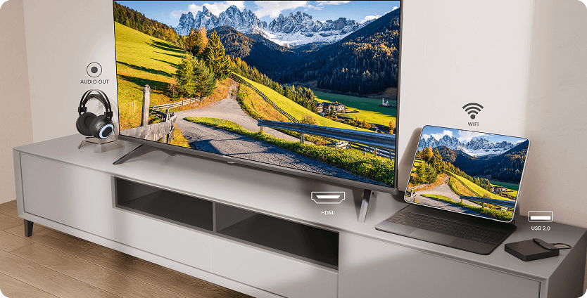 Telewizor i tablet + ikony HDMI (High Definition Multimedia Interface), WiFi (Wireless Fidelity) i USB (Universal Serial Bus)