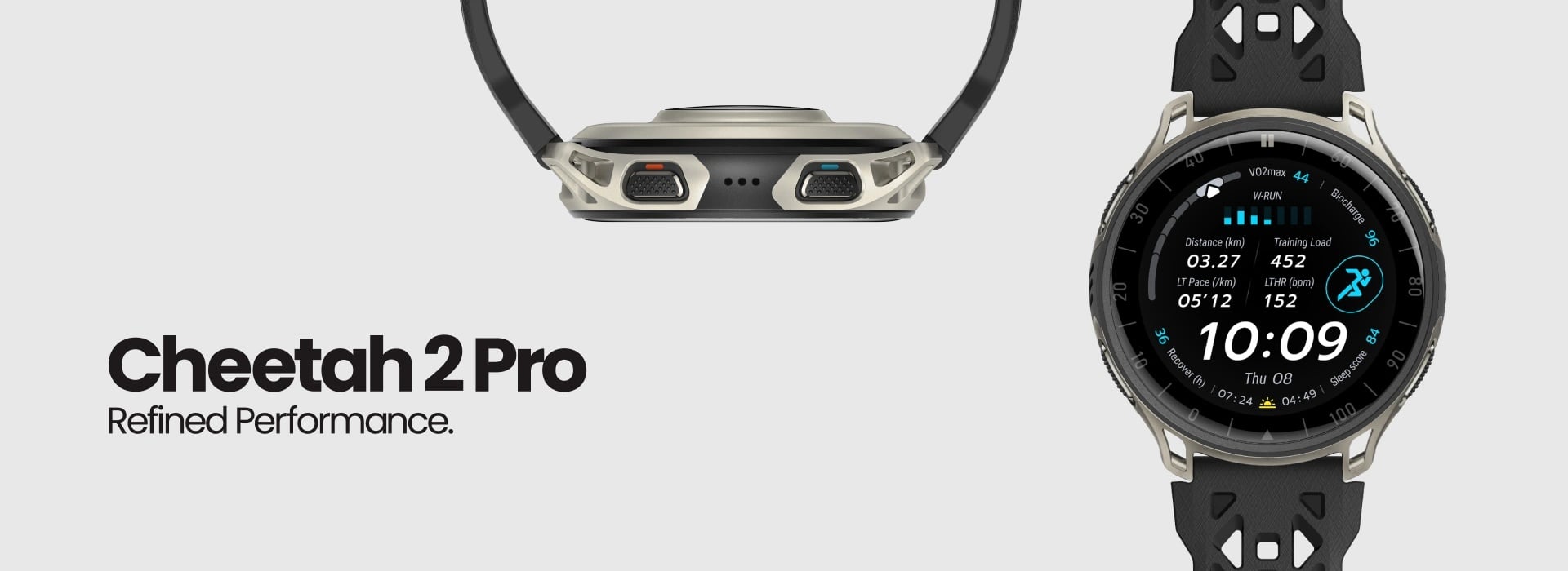 Smartwatch Cheetah 2 Pro z okrągłym ekranem i czarnym paskiem, pokazany z przodu oraz z boku, widoczne przyciski i detale obudowy