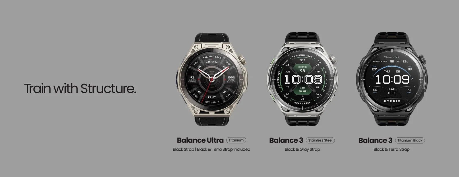 Zegarek sportowy Amazfit Balance 3 dostępny w wersjach Titanium, Stainless Steel oraz Titanium Black z funkcjami monitorowania treningu i zdrowia