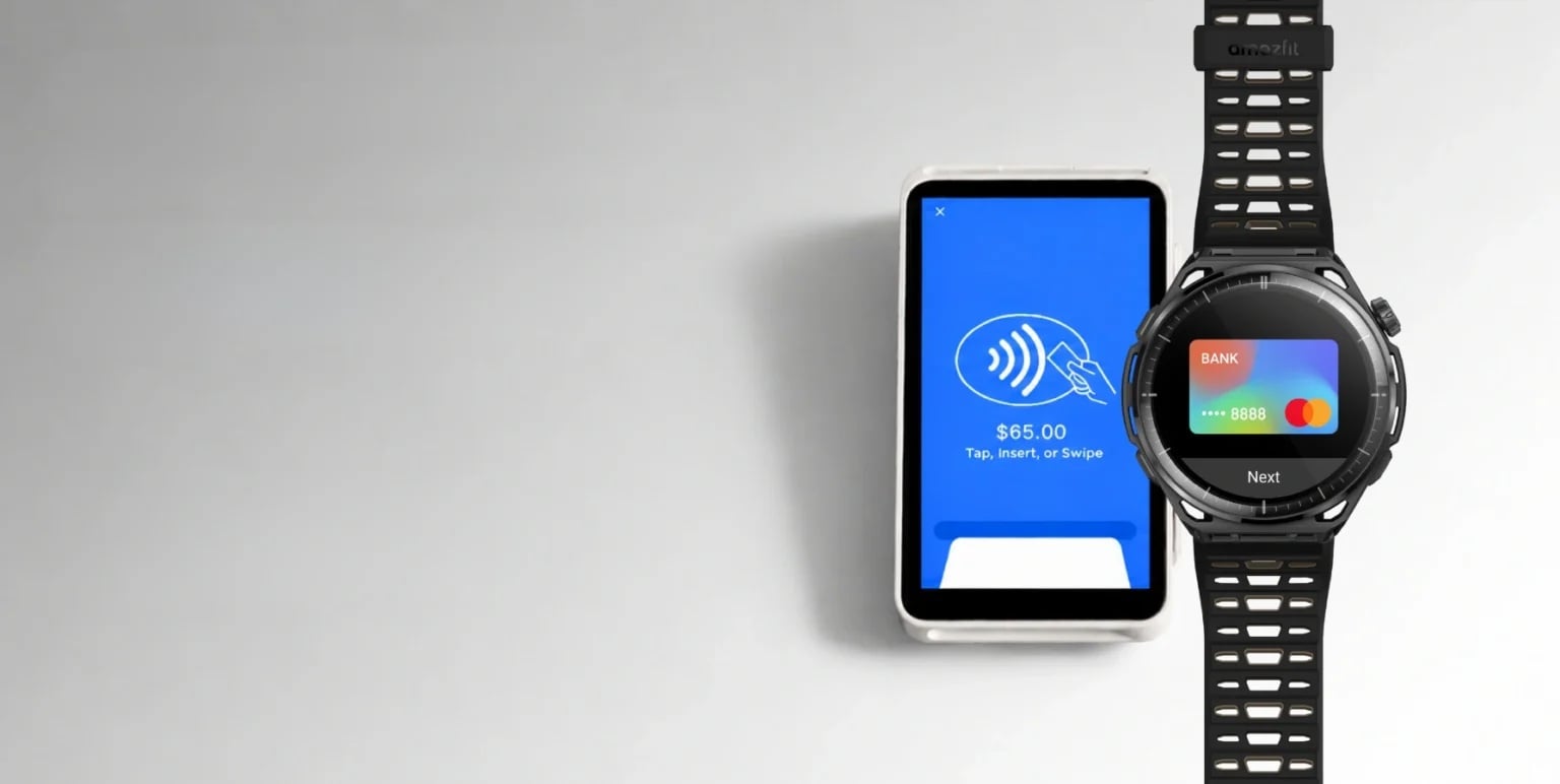 Płatność zbliżeniowa NFC smartwatchem Amazfit Balance 3 przy terminalu płatniczym