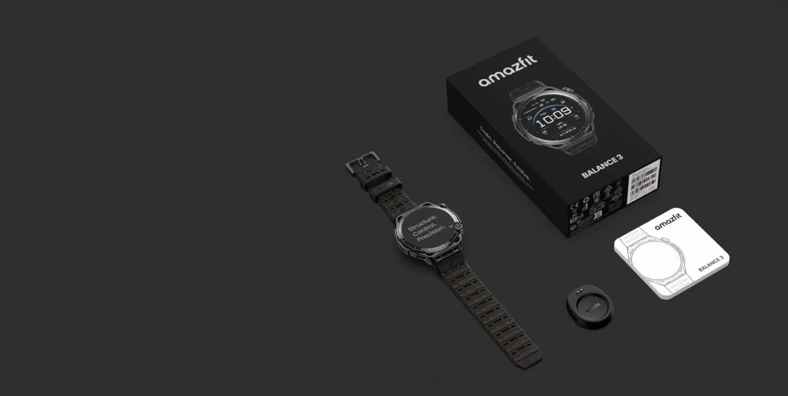 Zawartość zestawu smartwatcha Amazfit Balance 3: czarny zegarek, oryginalne opakowanie, ładowarka i instrukcja obsługi