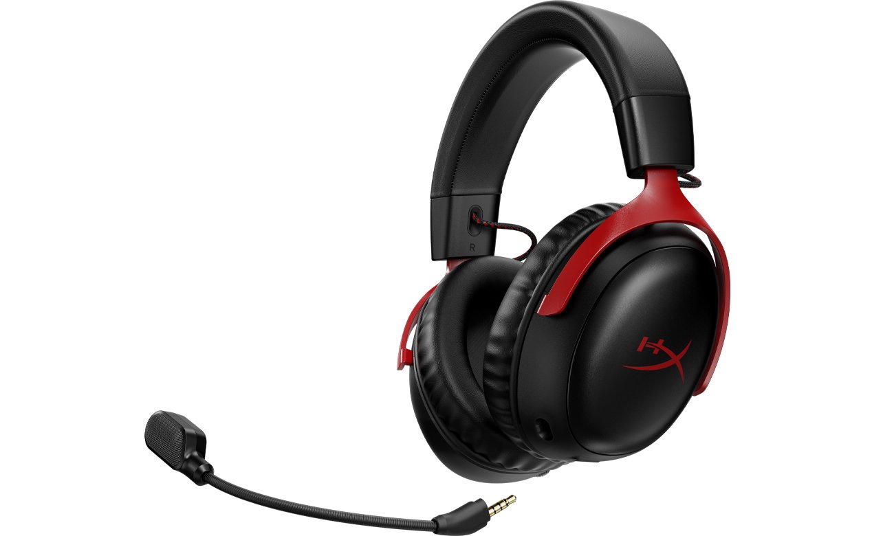 Zestaw słuchawkowy HyperX Cloud III Wireless Czarno-czerwony - Widok od przodu pod kątem wraz z mikrofonem