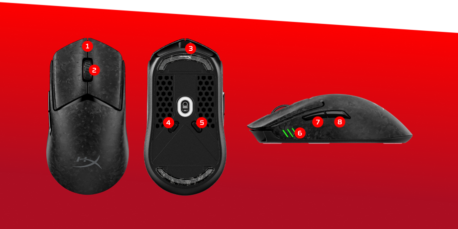 Czarna mysz HyperX przedstawiona z góry, od spodu oraz z boku, z czerwonymi punktami numerowanymi od 1 do 8