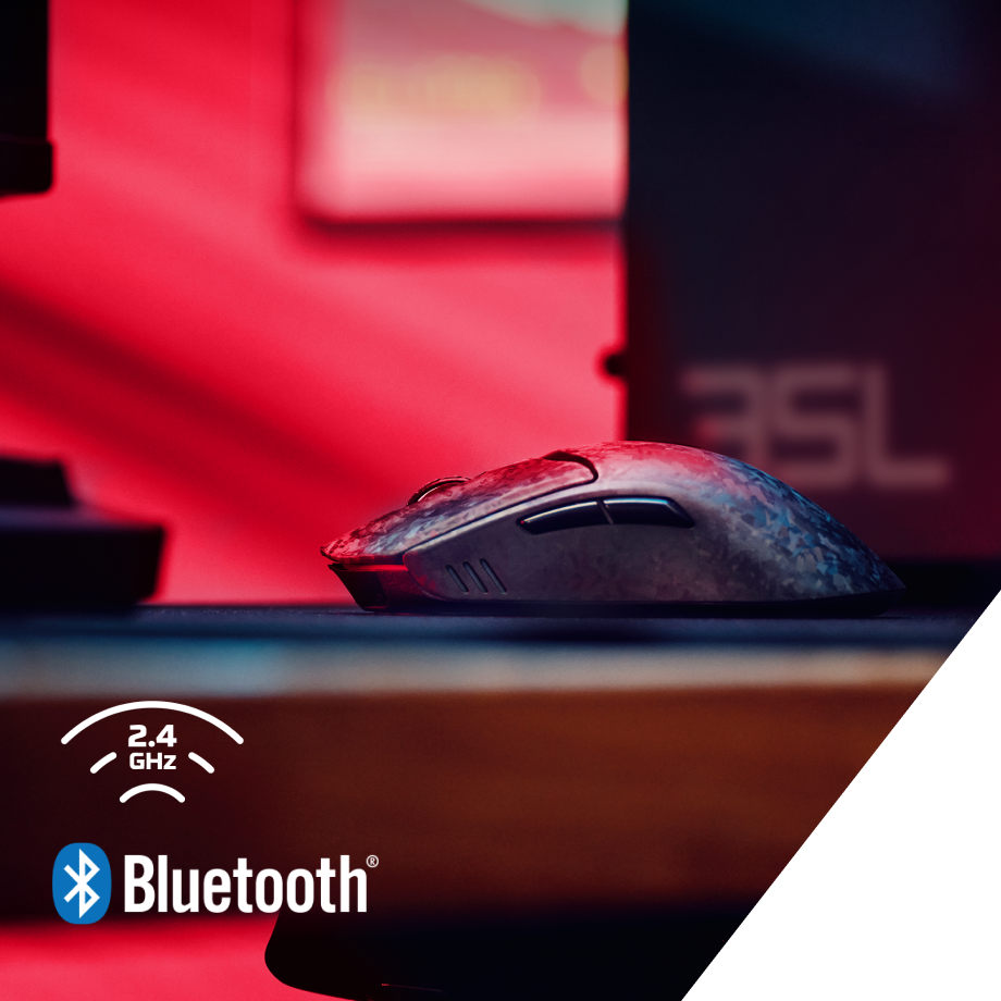 Profil czarnej myszy moro na podkładce, z ikoną łączności 2.4 GHz (gigahertz) oraz logo Bluetooth.