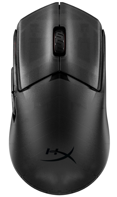 Czarna mysz HyperX z góry, z dwoma głównymi przyciskami, rolką pośrodku, przyciskami z lewej strony i logo na obudowie