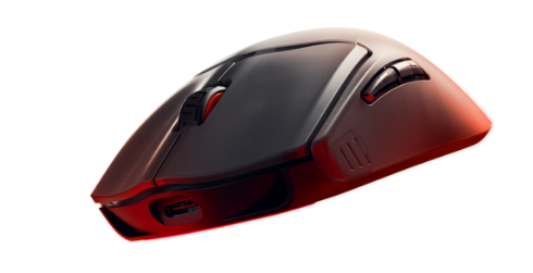 Czarna mysz HyperX Pulsefire Haste 3 Wireless pod kątem; z przodu port USB-C, z boku dwa przyciski, czerwone światło