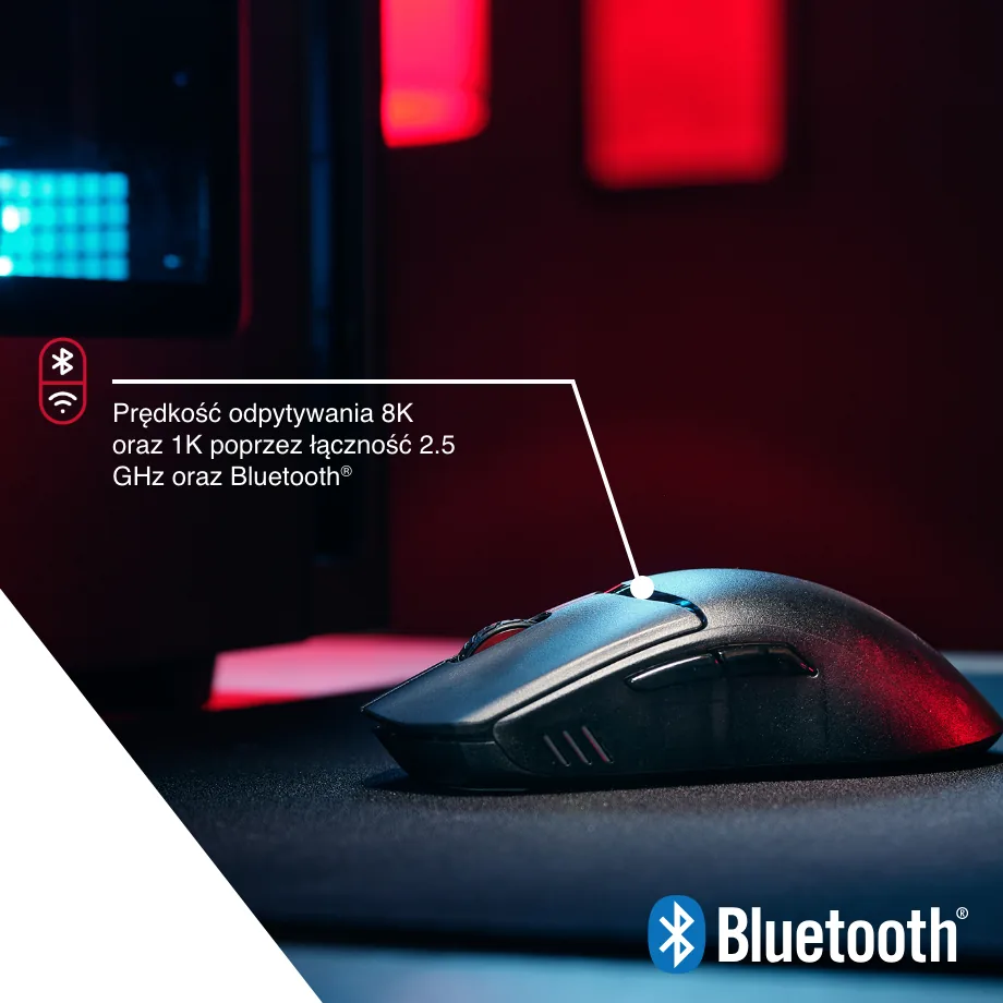 Czarna mysz z boku na podkładce; napis: prędkość odpytywania 8K oraz 1K poprzez łączność 2.5 GHz oraz Bluetooth