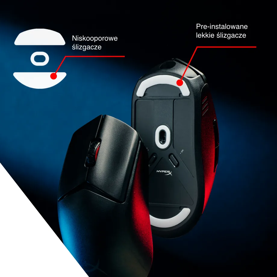 Czarna mysz pod kątem i od spodu, obok białe ślizgacze; napisy: niskooporowe ślizgacze, pre-instalowane lekkie ślizgacze