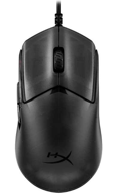 Czarna mysz HyperX z góry, z przewodem, dwoma głównymi przyciskami, rolką pośrodku, bocznymi przyciskami i logo