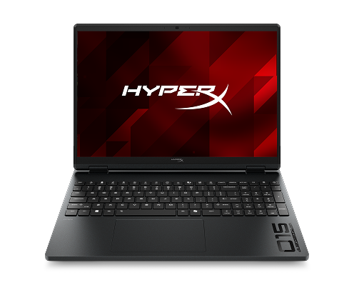 Otwarty laptop HyperX Omen 15 widziany od przodu z włączonym ekranem i logo HyperX