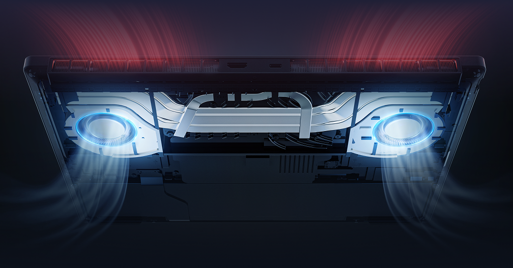 Przekrój układu chłodzenia laptopa z widocznymi wentylatorami i schematem przepływu powietrza