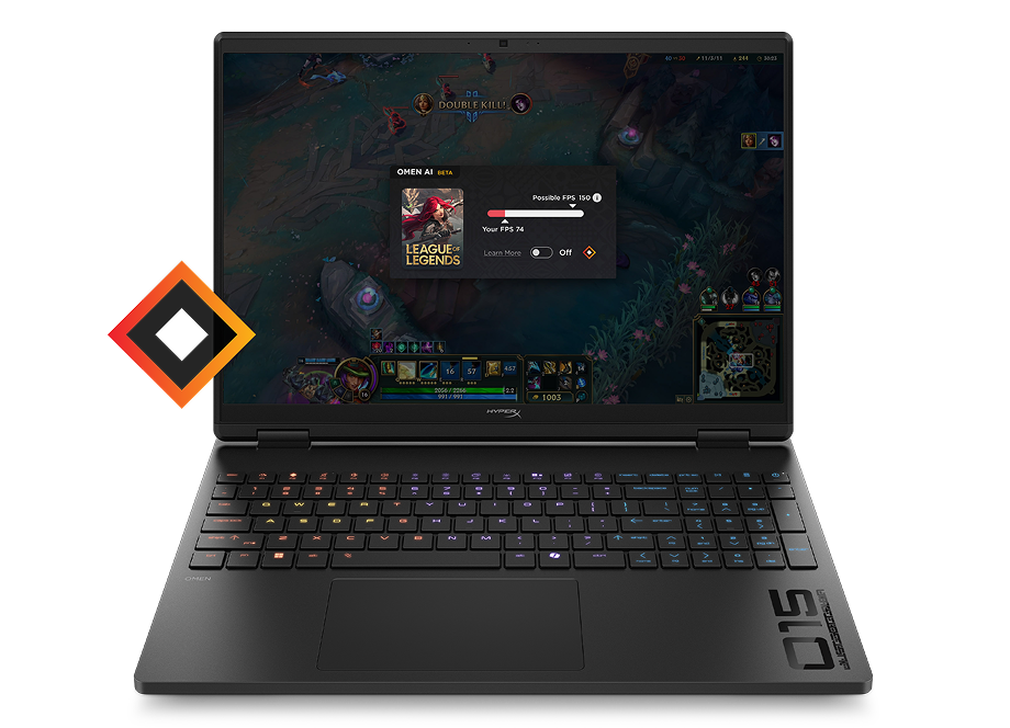 Interfejs Omen AI na ekranie laptopa podczas gry w League of Legends