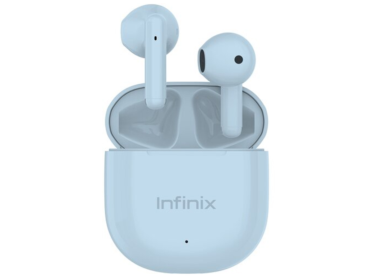 Słuchawki bezprzewodowe Infinix XBuds 3 WE Niebieskie - Widok od przodu wraz z otwartym etui ładującym
