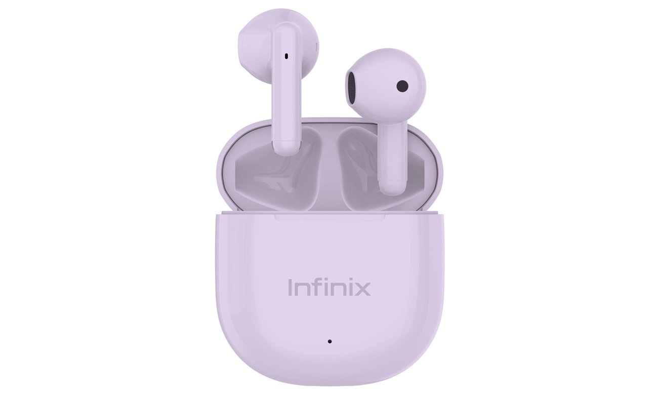 Słuchawki bezprzewodowe Infinix XBuds 3 WE Fioletowe - Widok od przodu wraz z otwartym etui ładującym