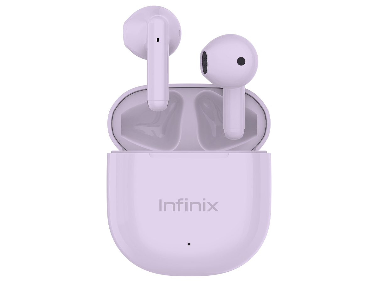 Słuchawki bezprzewodowe Infinix XBuds 3 WE Fioletowe - Widok od przodu wraz z otwartym etui ładującym