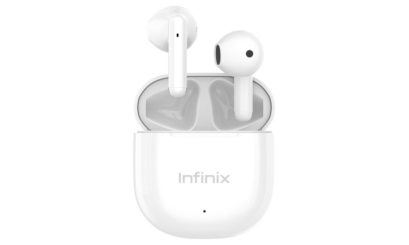 Słuchawki bezprzewodowe Infinix XBuds 3 WE Białe - Widok od przodu wraz z otwartym etui ładującym