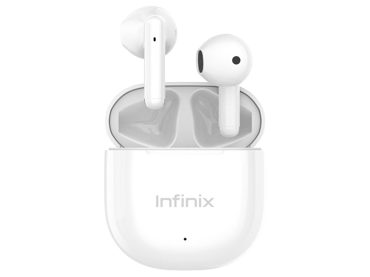 Słuchawki bezprzewodowe Infinix XBuds 3 WE Białe - Widok od przodu wraz z otwartym etui ładującym