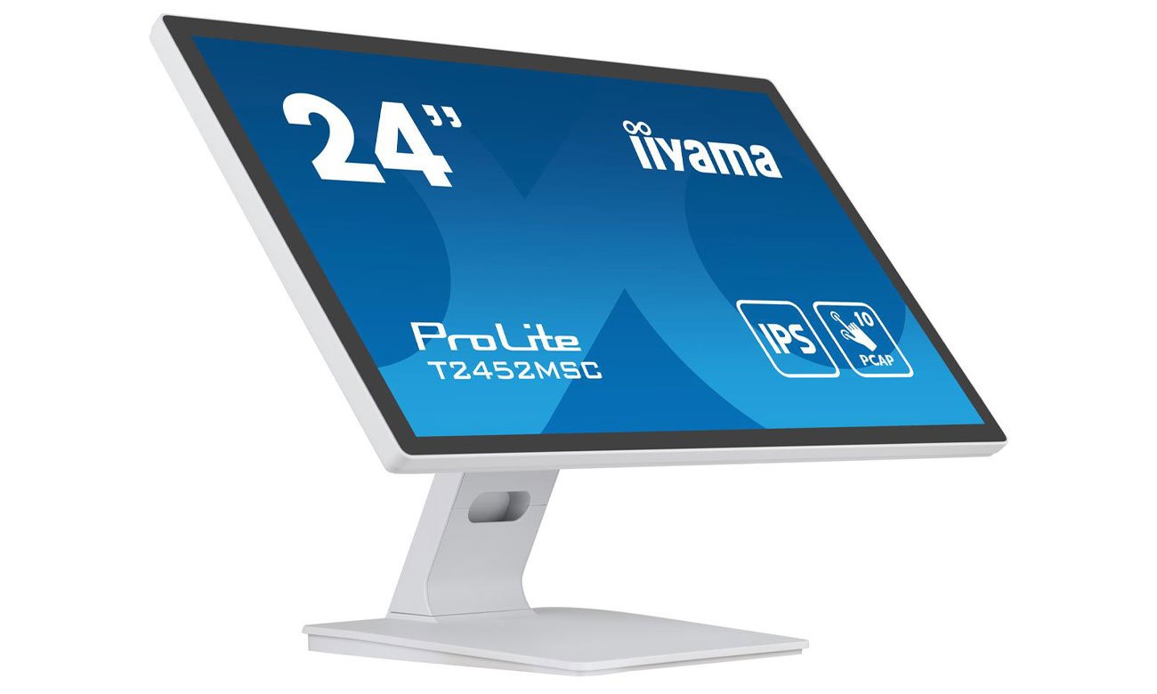 iiyama T2452MSC-W1 widok z przodu pod kątem, regulacja pochylenia