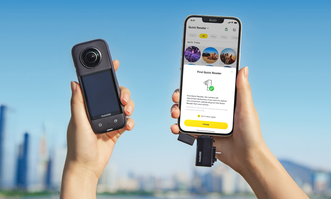 Quick Reader Insta360 czytnik do X3 podłączony do smartfona