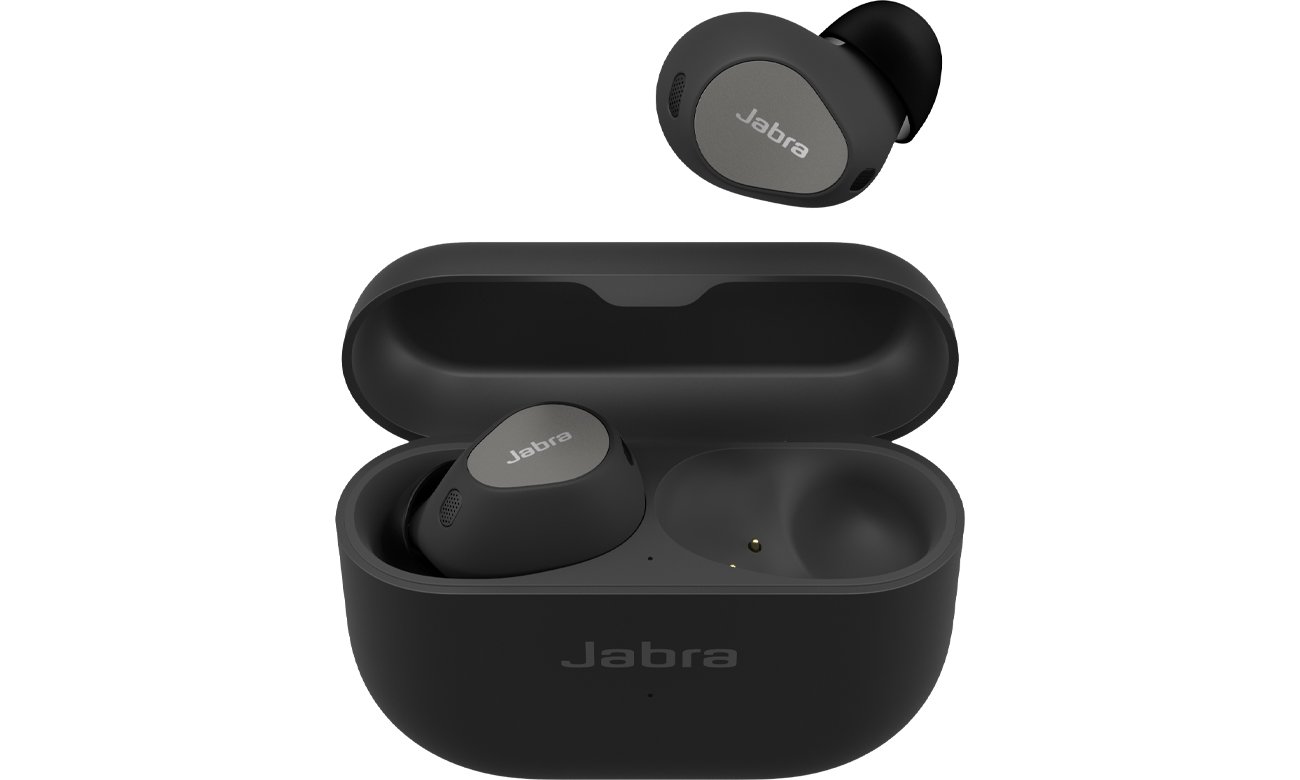 Słuchawki bezprzewodowe Jabra Elite 10 Tytanowa czerń - Widok od przodu wraz z otwartym etui ładującym