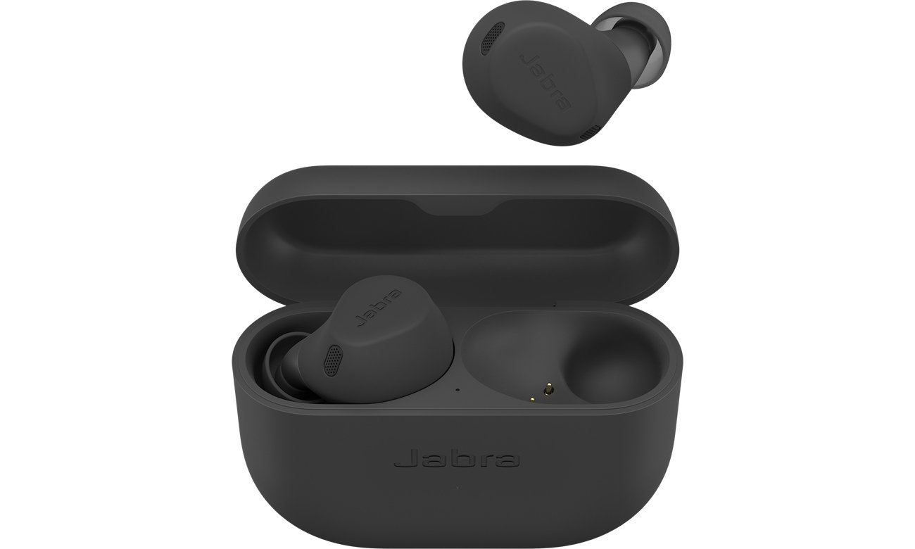 Słuchawki bezprzewodowe Jabra Elite 8 Active Szare - Widok od przodu wraz z otwartym etui ładującym