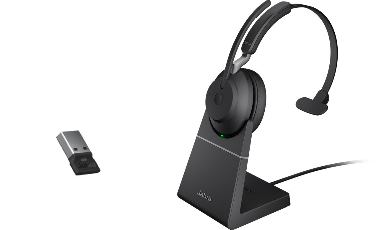 Zestaw słuchawkowy Jabra Evolve2 65 Mono UC + stacja ładowania + adapter USB-A - Widok od przodu pod kątem