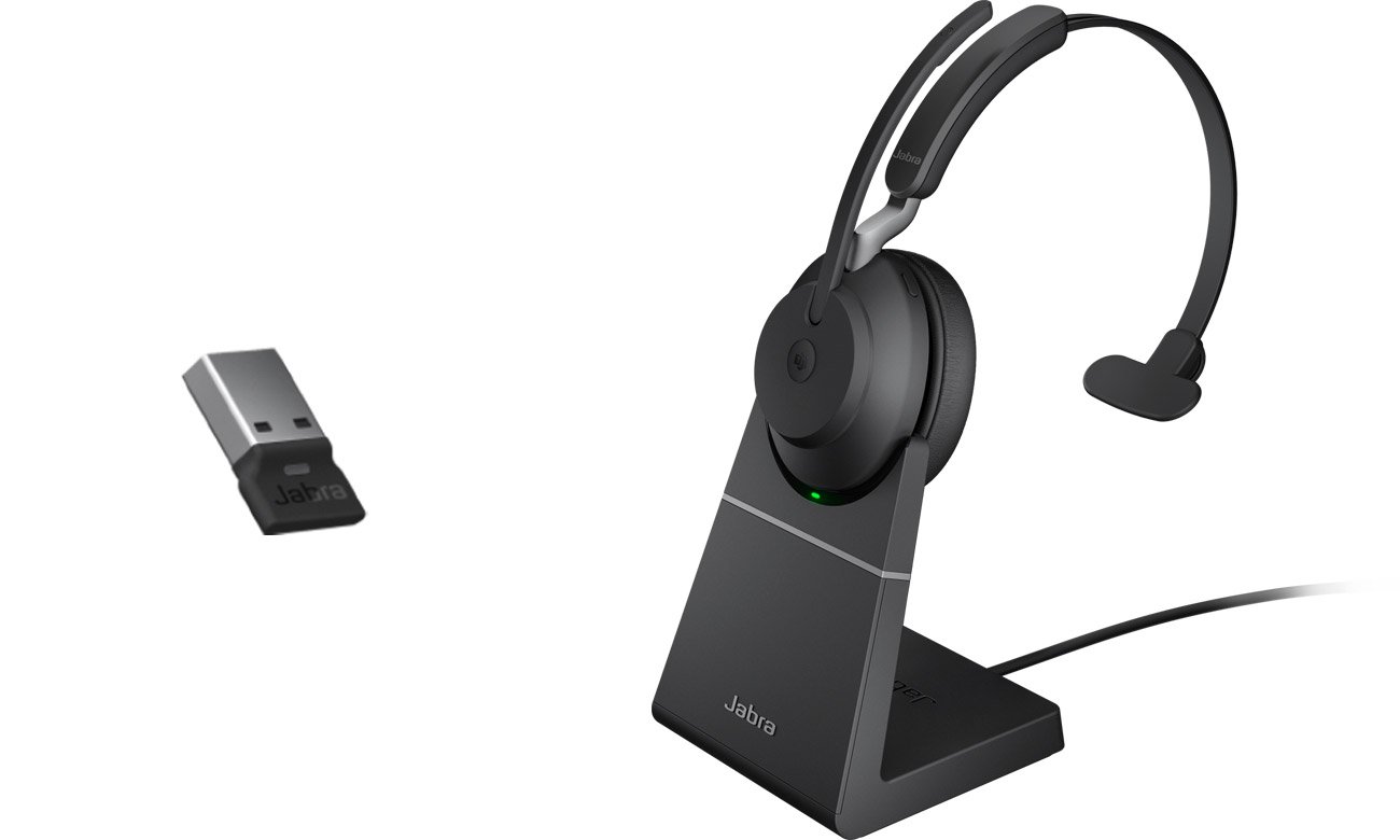 Zestaw słuchawkowy Jabra Evolve2 65 Mono MS + stacja ładująca + adapter USB-A - Widok od przodu pod kątem