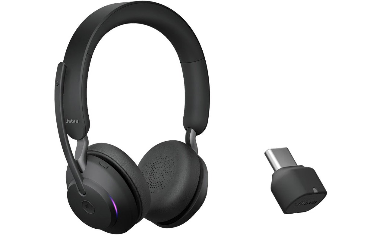Zestaw słuchawkowy Jabra Evolve2 65 UC + adapter Link 380c - Widok od przodu pod kątem + adapter