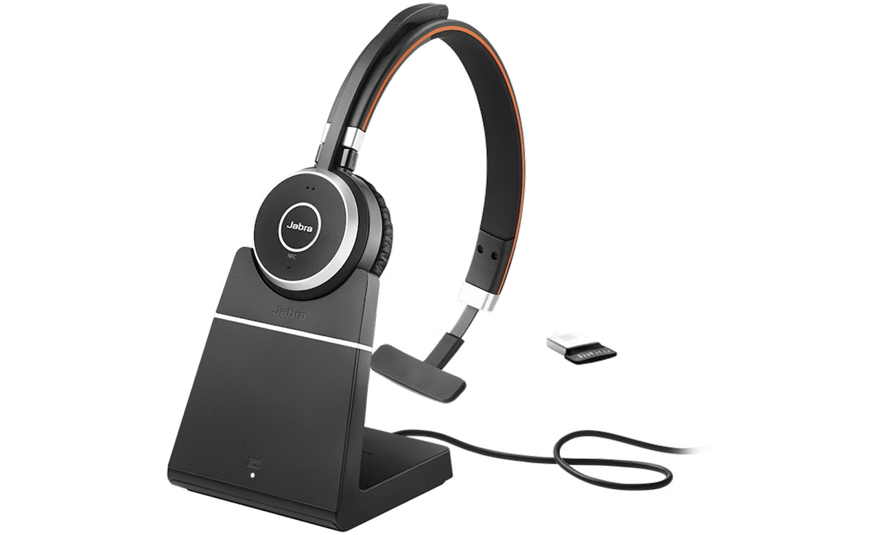 Zestaw słuchawkowy Jabra Evolve 65 SE MS Mono + stacja ładująca + adapter - Widok od przodu pod kątem